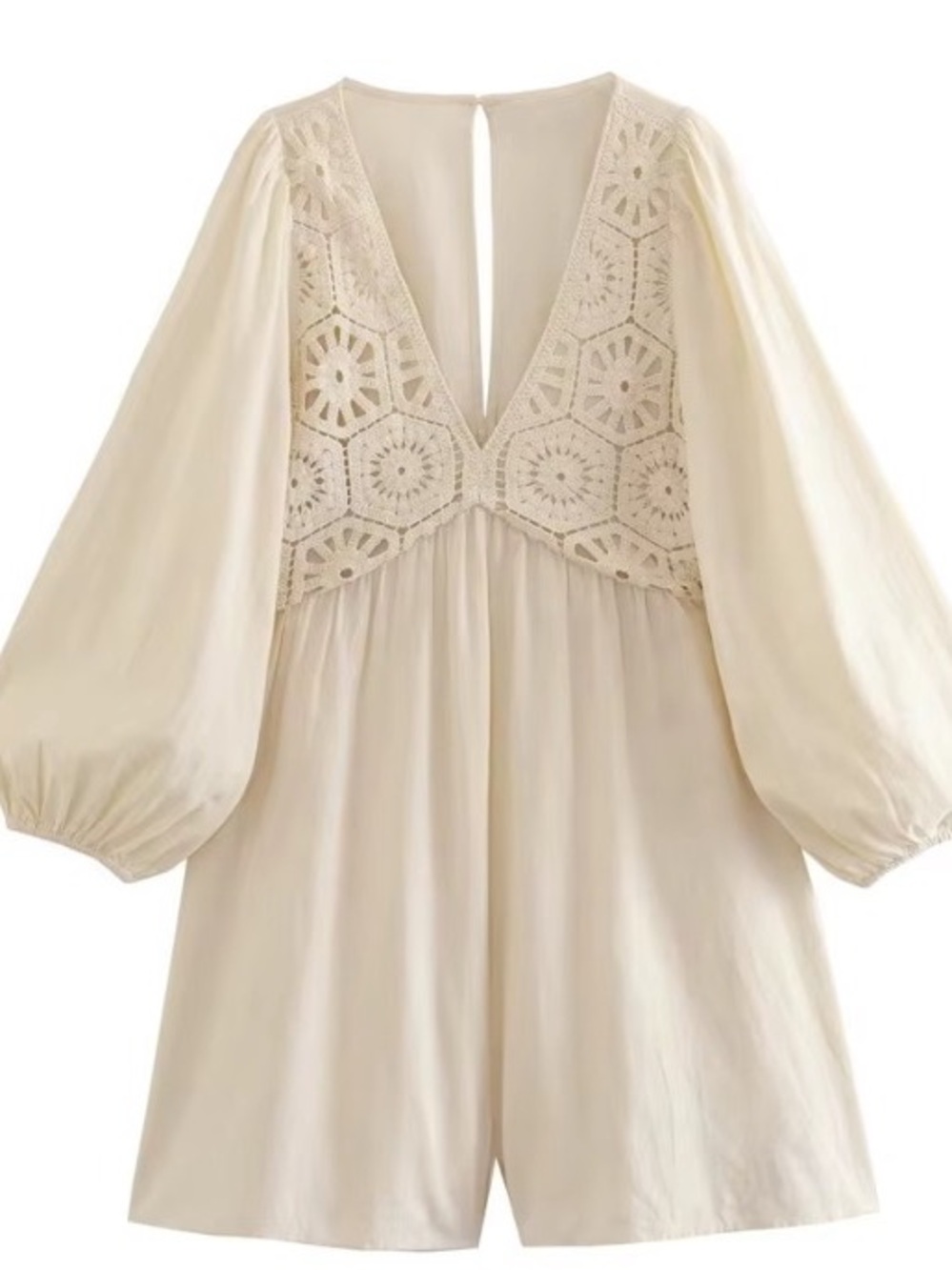 Boho Crochet Yoke V-Neck Romper in Cream